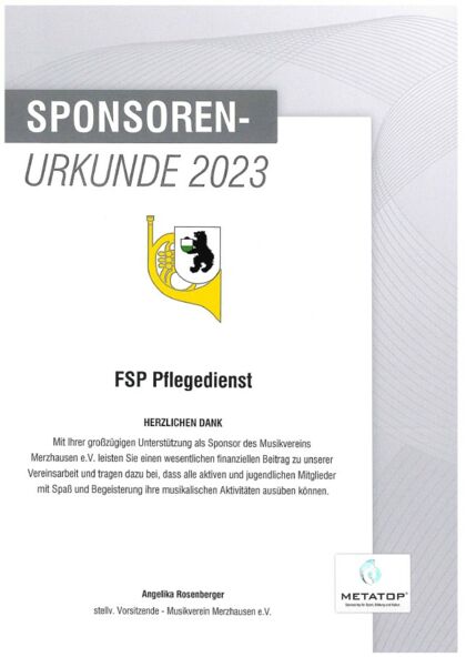 Sponsoringurkunde Musikverein Merzhausen
